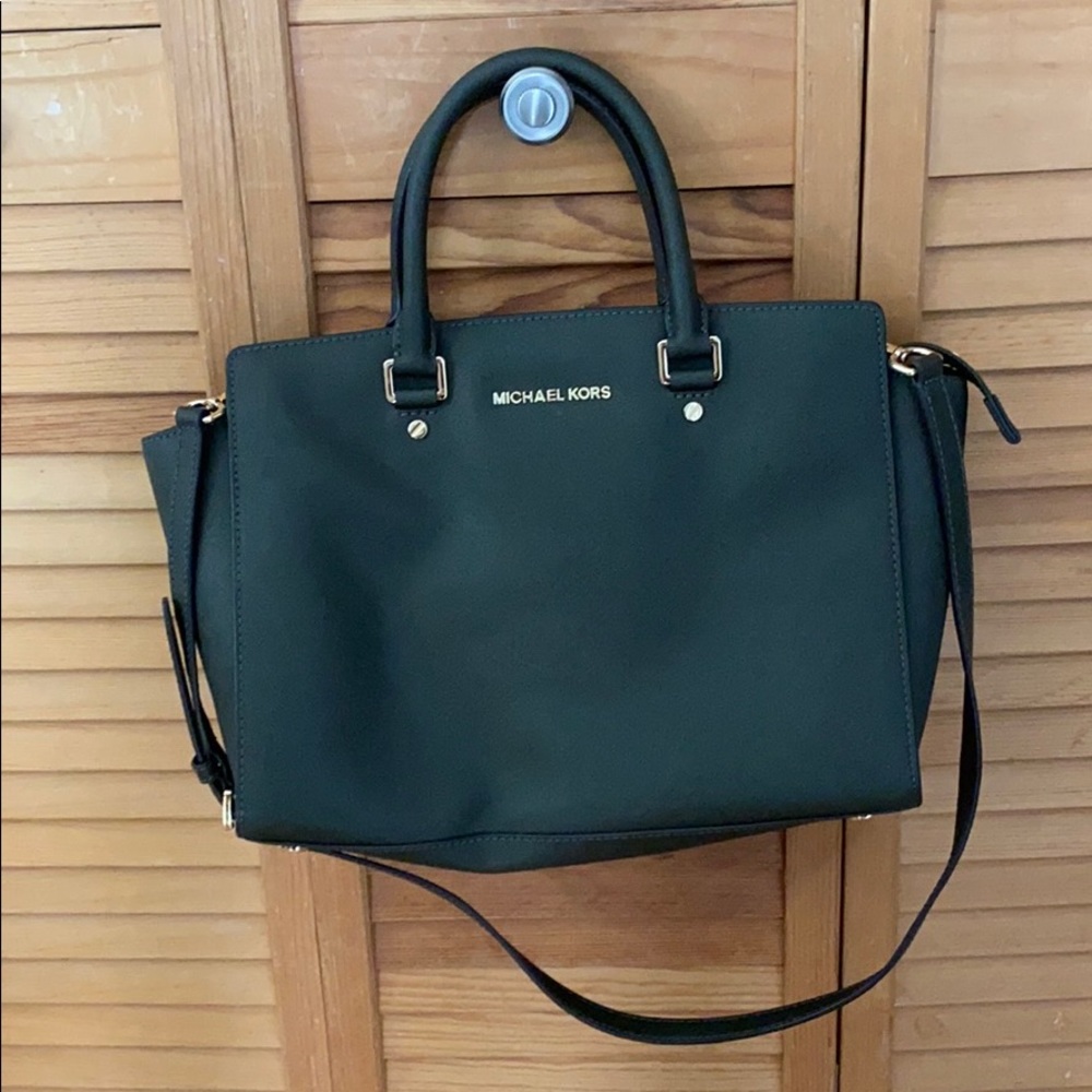 Michael Kors handbag, dark green w/ gold hardware